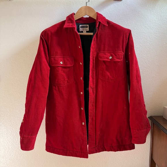 Vintage cherry red 100% cotton corduroy barn jacket w/ collar lined winter coat - Picture 3 of 8